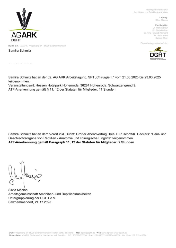 Arbeitstagung "Chirurgie II" | Mobile Tierarztpraxis für Reptilien Samira Schmitz | Hannover |