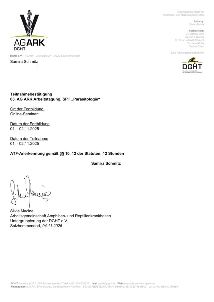 Arbeitstagung "Parasitologie" | Mobile Tierarztpraxis für Reptilien Samira Schmitz | Hannover |